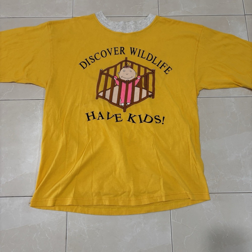 Vintage 80s T Shirt Funny Comedy Wildlife Kids Humor Yellow Ringer Mens Large